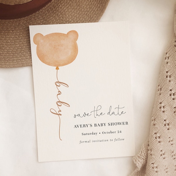 Minimal Baby Bear Balloon Save the Date Card, Printable Baby Shower Save the Date Template, Teddy Bears Picnic, Fully Editable#Y231