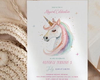 ユニコーンの誕生日招待状 | 魔法の誕生日招待状 | 女の子向けのレインボーパステルユニコーン誕生日パーティー招待状
