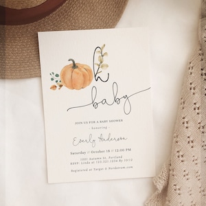 Oh Baby, Little Pumpkin Baby Shower Invitation, Editable Minimalist Baby Shower Invite, Gender Neutral, Fall Pumpkin Baby Shower Invite#FA8