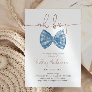 Oh Boy Blue Gingham Bowtie Baby Shower Invitation | Editable Blue Bowtie Baby Boy Shower Invite, Simple Boy Baby Shower Invitation#BO1