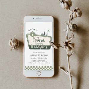 One Happy Camper 1st Birthday Text Invitation - National Park Sign Evite - Camping First Birthday Evite -Personalized Party Invite#SU1