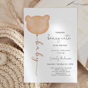Qualcuno Beary Invito per Baby Shower Carino - Modello di Orsetto di Peluche per Bambini di Genere Neutro - Invito per Baby Shower Orsetto Bruno Modificabile#Y231
