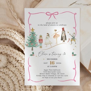 May include: A pink and white invitation card with a watercolor illustration of a Christmas tree, a ballerina, a nutcracker, and a mouse. The text on the card reads "Clara is turning 3, December 16, 2024, at 3:00 PM, Sugar Plum Ballroom, 1234 Nutcracker Lane, Winter Ballet Village, NY 10101, Kindly rsvp to Amanda at 123-321-1234, we hope to see you there!"