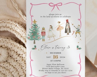 May include: A pink and white invitation card with a watercolour illustration of a Christmas tree, a ballerina, a nutcracker, and a mouse. The text on the card reads "Clara is turning 3, December 16, 2024, at 3:00 PM, Sugar Plum Ballroom, 1234 Nutcracker Lane, Winter Ballet Village, NY 10101, Kindly rsvp to Amanda at 123-321-1234, we hope to see you there!"