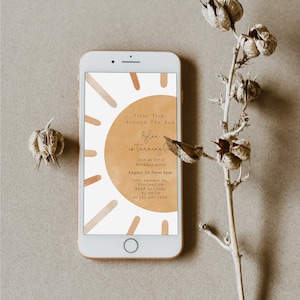 First Trip Around The Sun Birthday Text Invitation, Neutral Boho Sun 1st Birthday Evite, Paperless Digital Invitation, Fully Editable#Y230