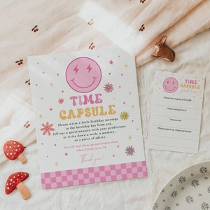 Roze preppy moderne smiley gezicht 1e verjaardag tijdcapsule teken en bijpassende afdrukbare berichtkaarten, volledig bewerkbaar #Y226