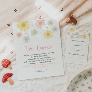 Signo de cápsula del tiempo de margaritas pastel y tarjetas de mensajes imprimibles a juego, primer cumpleaños de Daisy, plantilla totalmente editable #S235