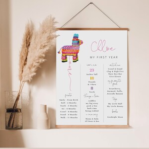 May include: A colorful printable poster with a pink and purple "Chloe" title and a cartoon pinata illustration. The poster includes details about a baby's first year, such as height, weight, and favorite foods. The poster is designed in a whimsical style with a pink and purple color scheme.