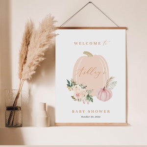 Pink Pumpkin Baby Shower Welcome Sign, Editable Fall Girl Baby Shower Large Welcome Sign, Little Pumpkin Is On The Way Sign#FB5
