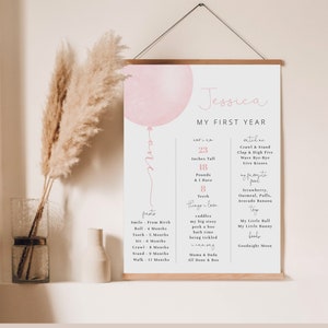 Baby Girl Meilensteintafel zum 1 Pastell Rosa Ballon-Andenken-Zeichen | Vollständig bearbeitbares Mädchen Geburtstags-Meilenstein-Zeichen #YB2