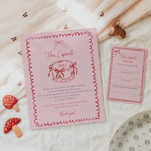 Plantilla de cápsula del tiempo con lazo para primer cumpleaños / Letrero de cápsula del tiempo con lazo para primer cumpleaños editable y femenino, tarjetas con mensajes imprimibles a juego n.° YC0