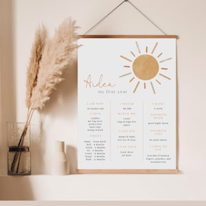 Neutrales Boho Sun 1. Geburtstag Meilenstein Zeichen, erste Reise um die Sonne, Junge 1. Geburtstag Baby Andenken Zeichen, vollständig editierbar # Y230