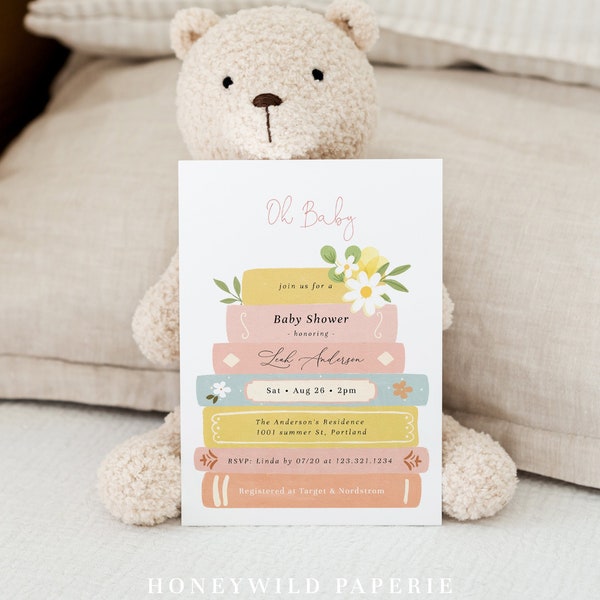 Storybook Stack Baby Shower Invitation, Girl Editable Book Themed Baby Shower Invite, Book Lovers, Girl Storybook Baby Shower#Y236