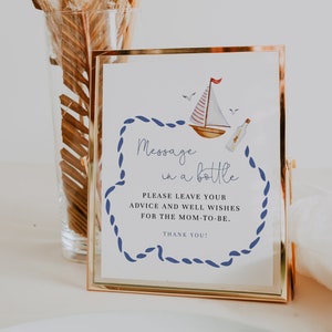 Letrero con buenos deseos para la futura mamá para baby shower náutico, mensaje en una botella, Ahoy, es un baby shower de niño, plantilla totalmente editable n.° YR9
