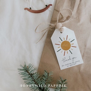 Boho Sun Party Favor Tags, Sonnenschein Babyparty Dankeschön-Tag, hier kommen die Sun Favor Tags, erdiges Farbschema, vollständig bearbeitbar #Y232