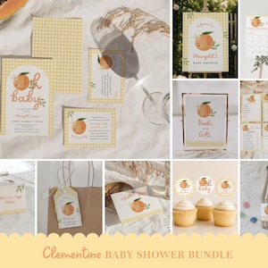 Lot Clémentine pour baby shower - thème orange petite mignonne modifiable - ensemble d'invitations, de panneaux et de décorations imprimables agrumes pour bébé #FA2