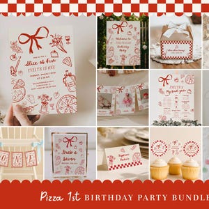 May include: A collection of red and white party supplies with a pizza theme. Includes invitations, signs, favor boxes, thank you cards, cupcake toppers, and a banner. The text includes "Slice of Fun", "Evelyn is One", and "Pizza 1st Birthday Party Bundle".