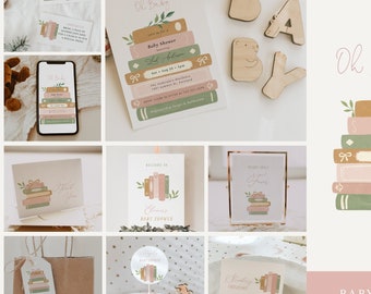 Book Lover Baby Shower Bundle, Storybook Girl Baby Shower Invite, Games and Decor Set, Fully Editable Templates For Book Themed Shower#YA0