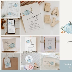 Oh Boy Pumpkin Baby Shower Bundle | A Little Pumpkin is on His Way | Fall Blue Baby Shower Bundle | Editable Invite, Games and Decor Set#FA8