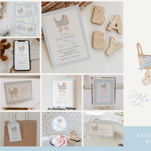 Gingham Boy Baby Shower Bundle | Blue Bow Baby Shower Bundle | Editable Baby Shower Invitation, Decor, and Games | Vintage Baby Shower#YS6