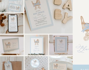 Gingham Boy Baby Shower Bundle | Blue Bow Baby Shower Bundle | Editable Baby Shower Invitation, Decor, and Games | Vintage Baby Shower#YS6