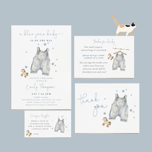 Petit lot Baby Shower Blue Jean | Faire-part de baby shower, garçonnet en denim modifiable, demande de livre, billets de tombola de couches et cartes de remerciement #BO1