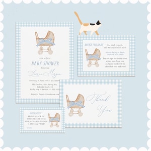 Babyparty-Einladung - Vintage Blau Baby-Einladung, Dankeskarte, Windel-Verlosung, Dankeskarte #YS6