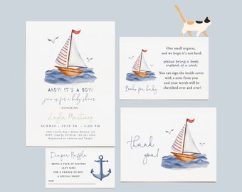Ahoy It&#39;s a Boy Nautical Baby Shower Small Bundle, Editable Sailboat Invitation, Book Request, Diaper Raffle Tickets & Thank You Cards#YR9