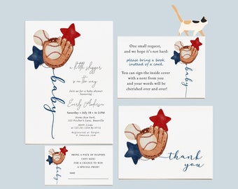 Little Slugger is on the Way Small Baby Shower Bundle | Editable Baseball Invite, Book Request, Diaper Raffle Tickets & Thank You Cards#YA5