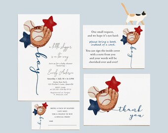 May include: A baseball-themed baby shower invitation with a blue and red baseball glove, baseballs, and stars. The invitation reads "A little slugger is on the way" and includes the name "Everly Anderson" and the date and time of the shower. The invitation also includes a request to bring a book instead of a card.