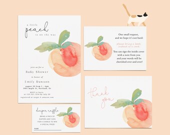 May include: A peach-themed baby shower invitation with watercolor illustrations of peaches. The invitation includes the text "a little peach is on the way", "join us for a baby shower in honor of Emily Dawson", and "August 10 from 1-4pm 1001 Maple St. Portland, OR".