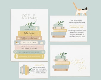 Gender Neutral Storybook Stack Baby Shower Small Bundle, Editable Shower Invite, Book Request, Diaper Raffle Tickets & Thank You Cards#Y227