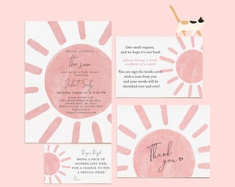 Here Comes The Sun Baby Shower Small Bundle Set, Girl Pink Sunshine Baby Shower Invitation Package Templates, Fully Editable#Y243