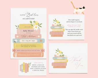 Storybook Theme Girl Baby Shower Small Bundle, Editable Baby Shower Invite, Book Request, Diaper Raffle Tickets & Thank You Cards#Y236