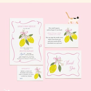 Mama's Main Squeeze Lemon Girl Baby Shower Bundle - Convite editável, solicitação de livro, rifa de fraldas e cartões de agradecimento - Totalmente personalizável#SU0