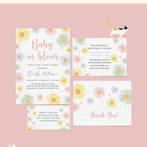 Conjunto de chá de bebê Daisy Baby in Bloom - Margaridas aquarela pastel - Convite editável, solicitação de livro, rifa de fraldas e cartão de agradecimento #S235