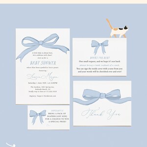 Invitación personalizable con elegante lazo azul para baby shower de niña o niño, invitación e insertos editables, paquete de tarjetas de agradecimiento n.° S252