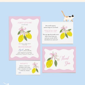 Paquete de baby shower Sweet Little One Lemon Girl: invitación editable, solicitud de libro, sorteo de pañales y tarjetas de agradecimiento: conjunto totalmente personalizable n.º SU0