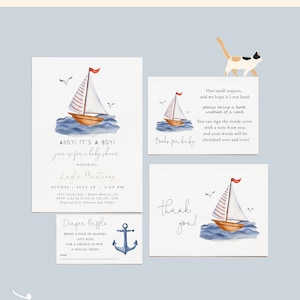 Petit lot nautique pour baby shower Ahoy, c'est un garçon, invitation voilier modifiable, demande de livre, billets de tombola de couches et cartes de remerciement #YR9
