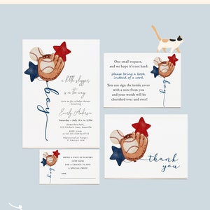 Petit lot baby shower de baseball pour garçon | Invitation de baseball modifiable, demande de livre, billets de tombola de couches et cartes de remerciement, petit frappeur#YA5