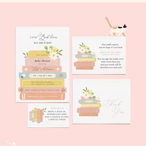 Verhalenboek thema meisje babyshower kleine bundel, bewerkbare babyshower uitnodiging, boekverzoek, luierloterijkaartjes en bedankkaarten #Y236