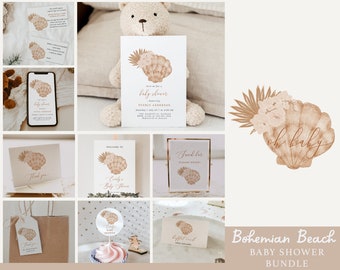 Oh Baby Bohemian Beach Baby Shower Bundle, Burnt Orange Earthy Shell Baby Shower Set, Editable Templates for Ocean Girl Baby Shower#SU5