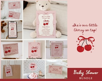 Cherry on Top Girl Baby Shower Bundle | Hand Drawn Coquette Cherries | Editable Cherry Baby Shower Invitation, Decor, and Game Templates#VB3
