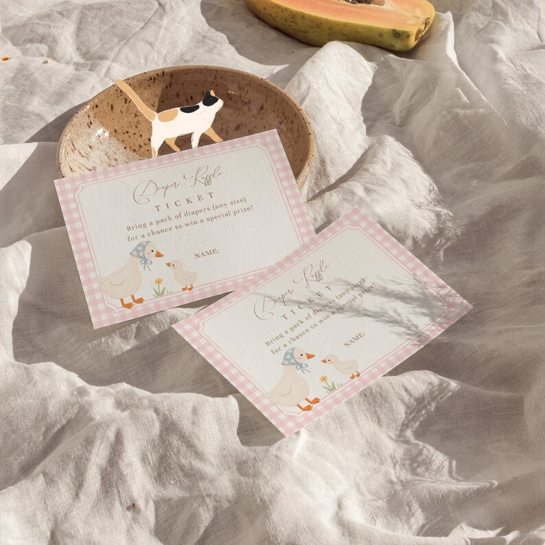 Pink gingham Silly Goose baby shower bundle featuring charming goose and gosling illustrations, soft baby girl colors, and vintage storybook styling. Coordinated girl goose baby shower decor collection with matching invitations, diaper raffle cards, books for baby cards, thank you cards, and printable party templates.