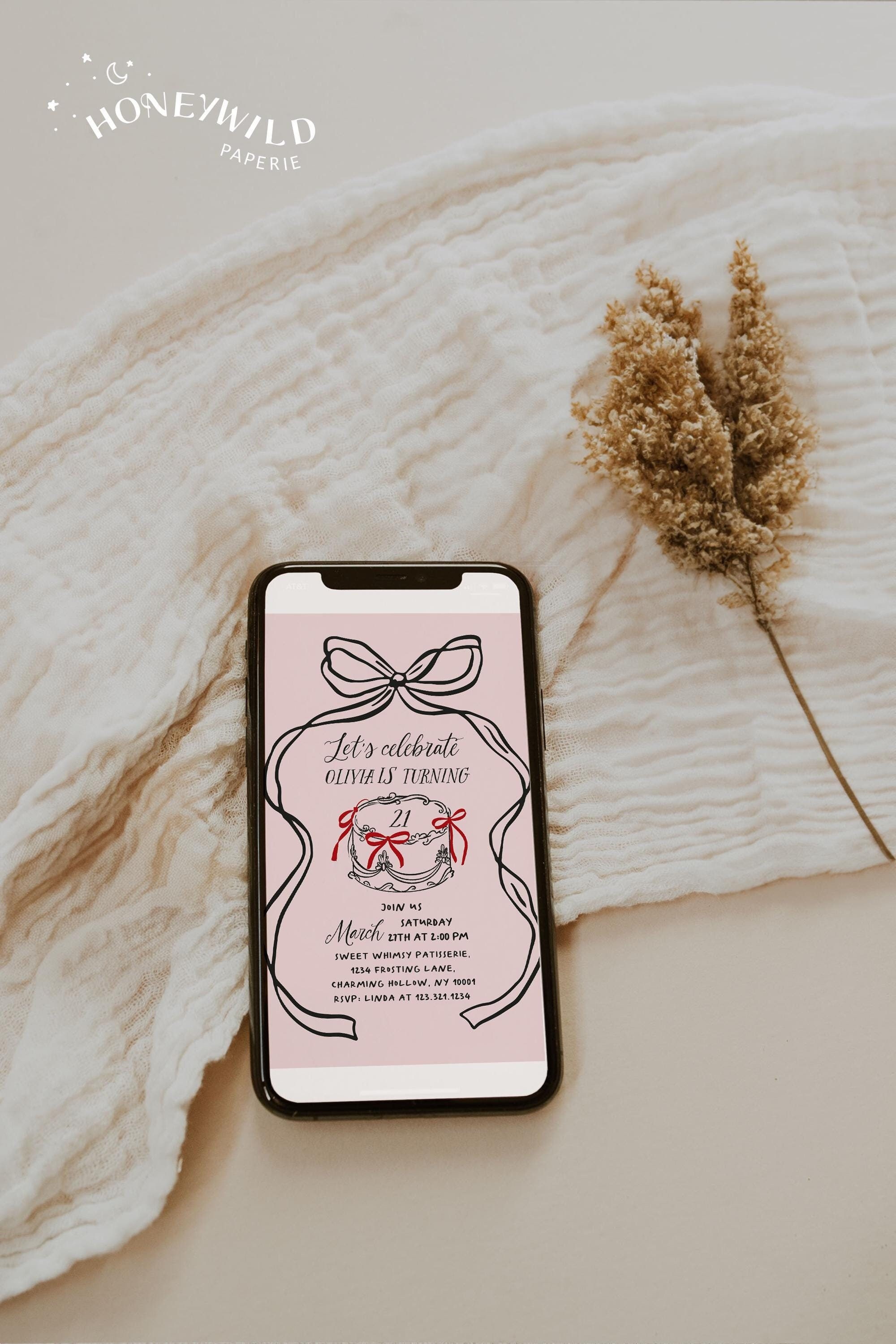 Bow 21st Birthday Text Invitation Template | Editable Pink Hand-Drawn Bow E-invite | Coquette-Style Girl's 21st Birthday#YC0