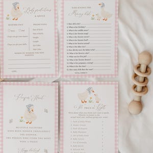 Pink gingham goose baby shower games bundle featuring charming goose and gosling illustrations, soft baby girl colors, and vintage storybook styling. Coordinated silly goose baby shower activity collection with matching printable games for a fun, memorable, and beautifully themed celebration.