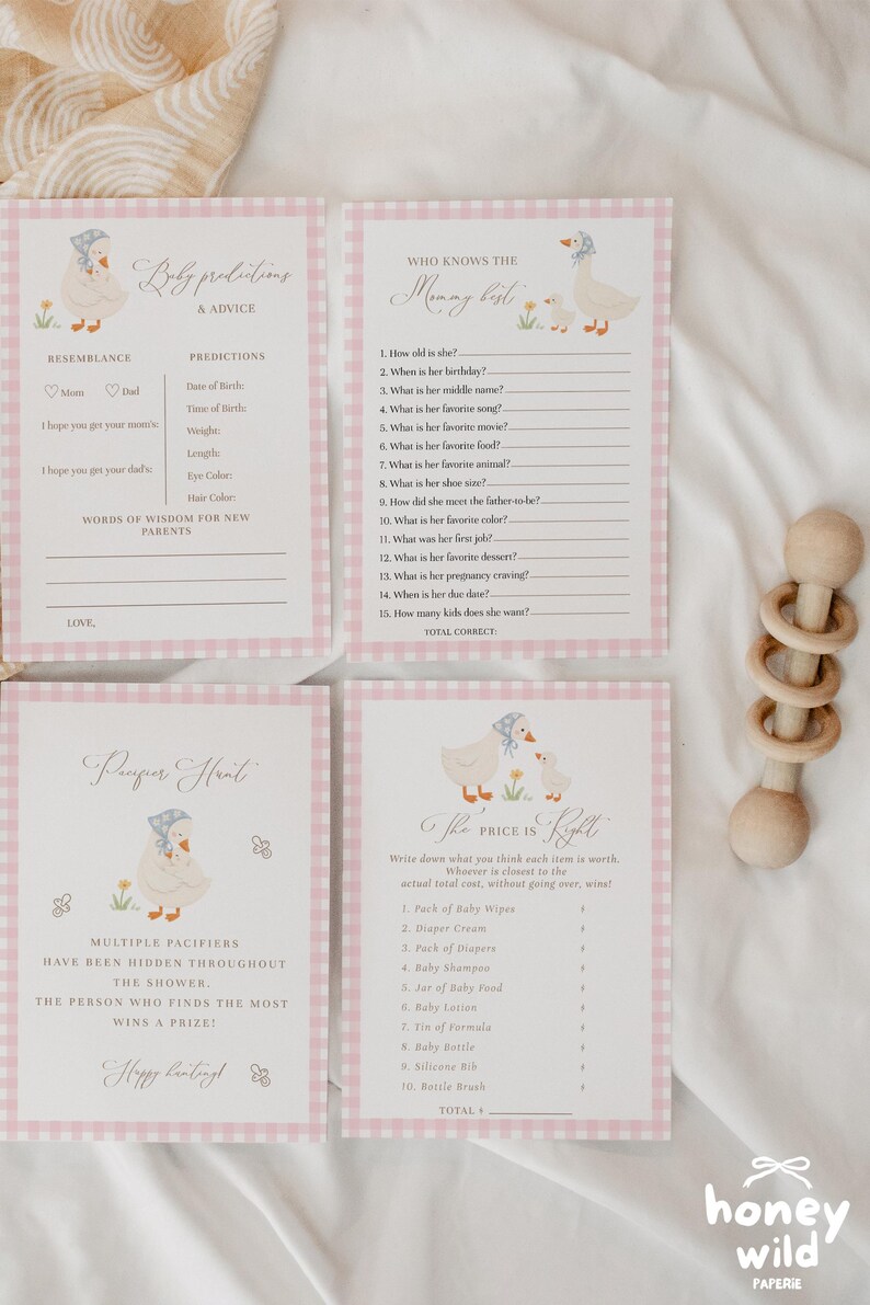 Pink gingham goose baby shower games bundle featuring charming goose and gosling illustrations, soft baby girl colors, and vintage storybook styling. Coordinated silly goose baby shower activity collection with matching printable games for a fun, memorable, and beautifully themed celebration.