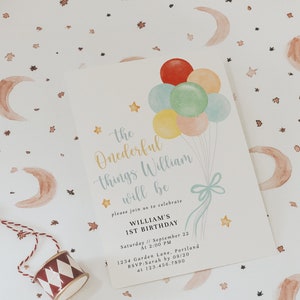 The Wonderful Things You Will Be Baby 1st Birthday Party Invitation, Onederful Birthday Invitation, Pastel Balloons, Fully Editable#Y238