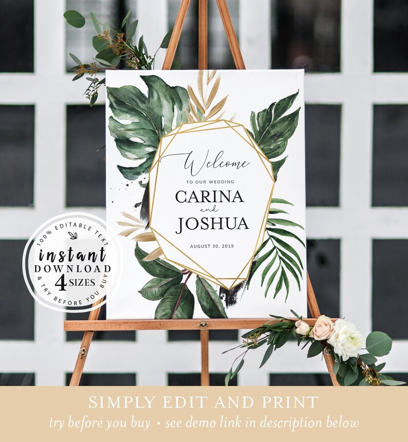 16x20, 18x24, 20x30, 24x36 Tropical Gold Geometric Greenery Wedding Welcome Sign Printable \u2022 INSTANT DOWNLOAD \u2022 Editable Template #WD005
