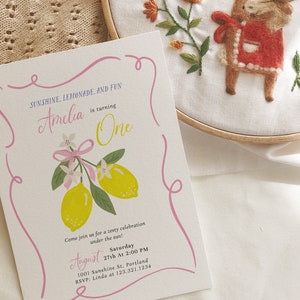 This listing is our Sunshine Lemonade and Fun Birthday Invitation, ideal for your little girls first birthday. It's delightfully designed with a cute pink bow on vibrant lemon motifs, perfectly blending sweetness and zest.